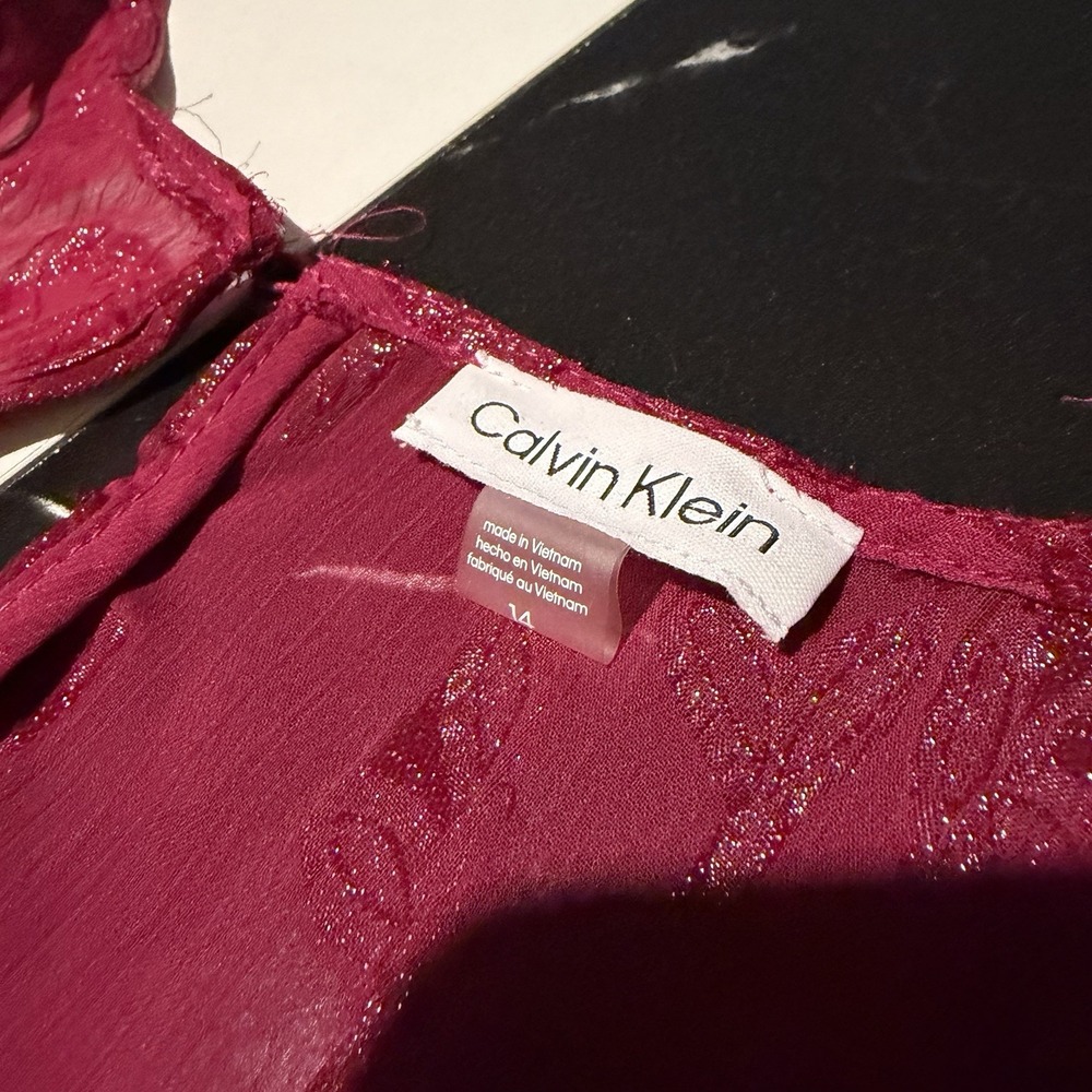 CALVIN KLEIN Purple Pink Jacquard Chiffon Hi-Low Fit & Flare Dress Sz 14 Women's - Picture 9 of 14